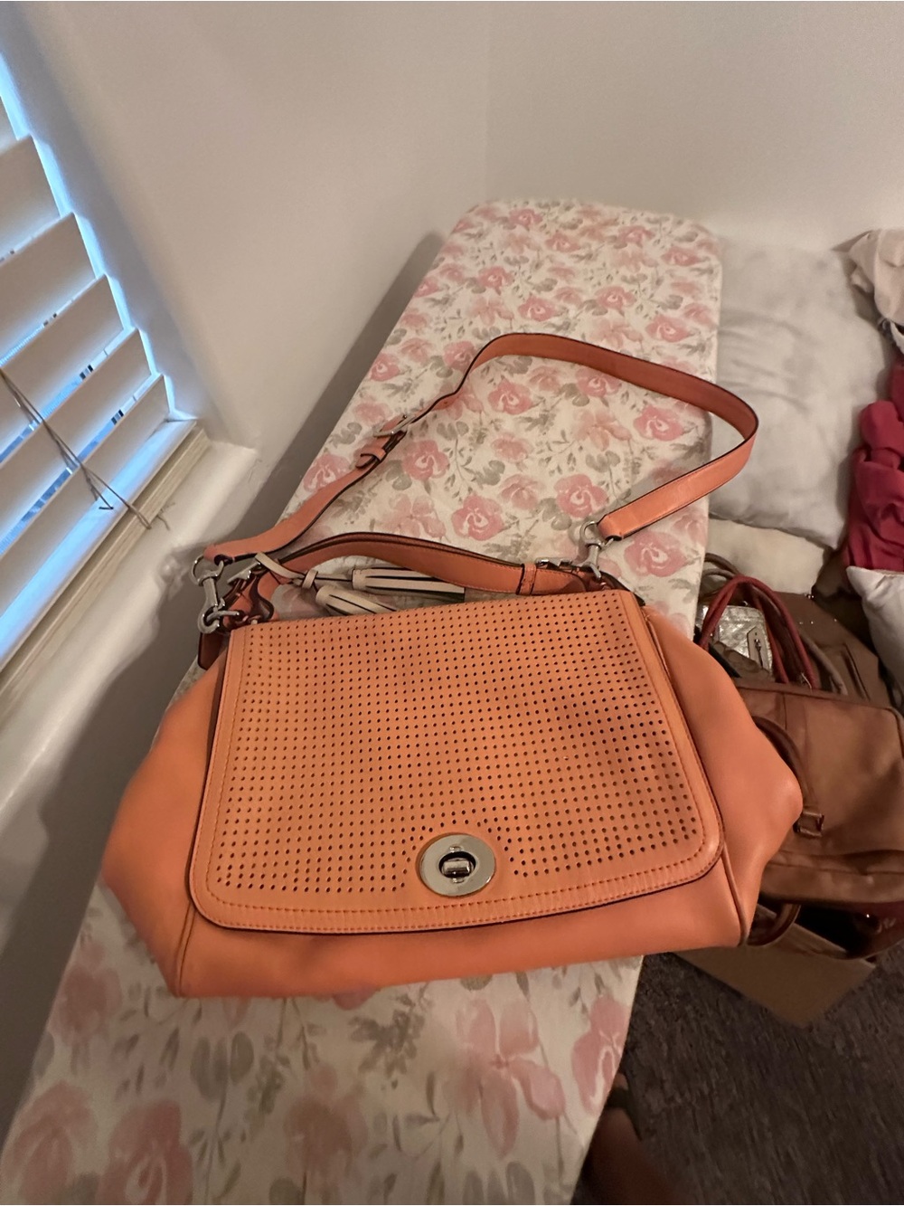 Perforated leather romy top handle Flap Shoulder Bag coral